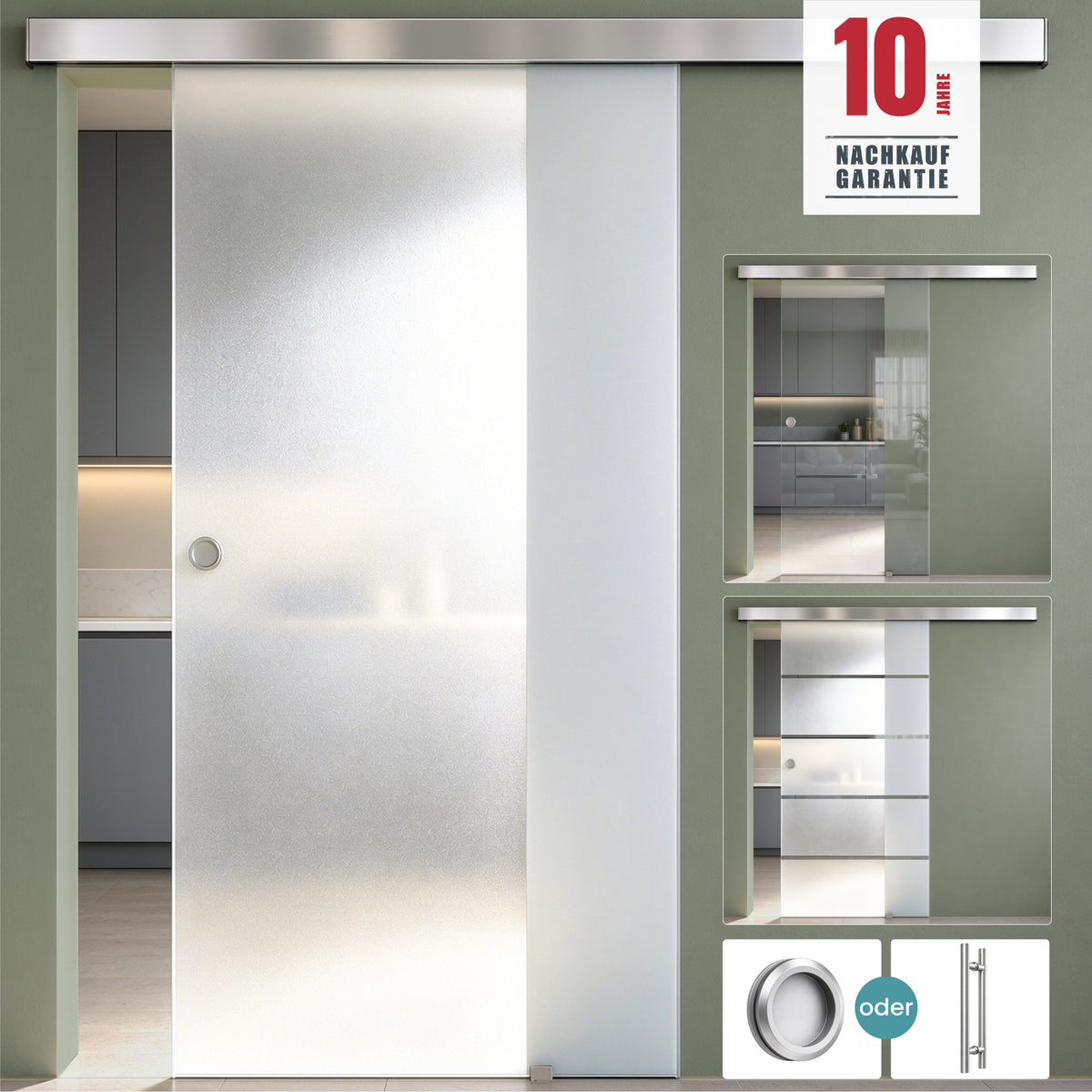 conjunto completo de puerta corredera de vidrio glasvilla Amalfi H: 2150mm, tipo de manija: manija de concha, incluye. automatismo de cierre suave, 8mm vidrio de seguridad ESG