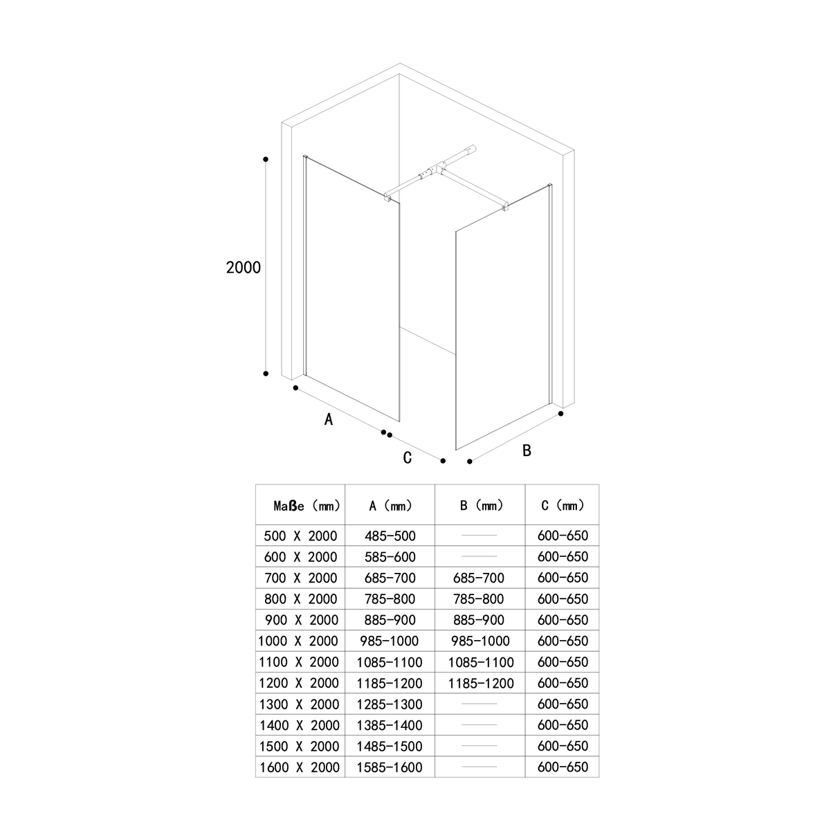 glasvilla Mampara de ducha para ducha separación de ducha con 2 elementos laterales fijos 8mm vidrio de seguridad ESG ducha a ras de suelo vidrio transparente sellado NANO Bremen01K/MS-T