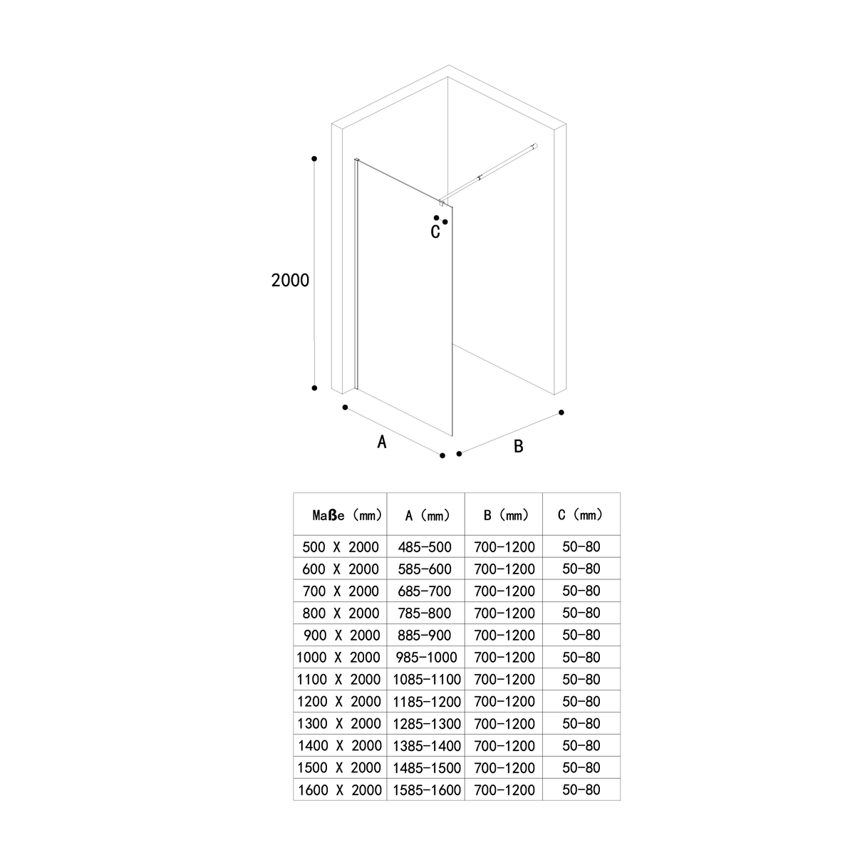 glasvilla Duschwand für Dusche Duschabtrennung Walk-In ESG-Sicherheitsglas 8mm NANO Glas BRAM1&BRAM3 Bremen1 Schwarz
