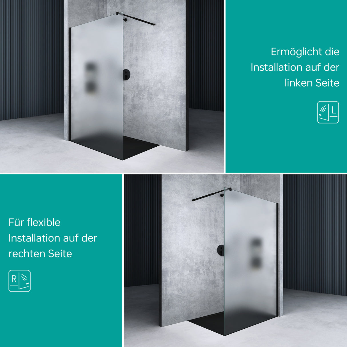 glasvilla Duschwand für Dusche Duschabtrennung Walk-In ESG-Sicherheitsglas 10mm NANO Glas BRAM1&BRAM3 Bremen2 Schwarz