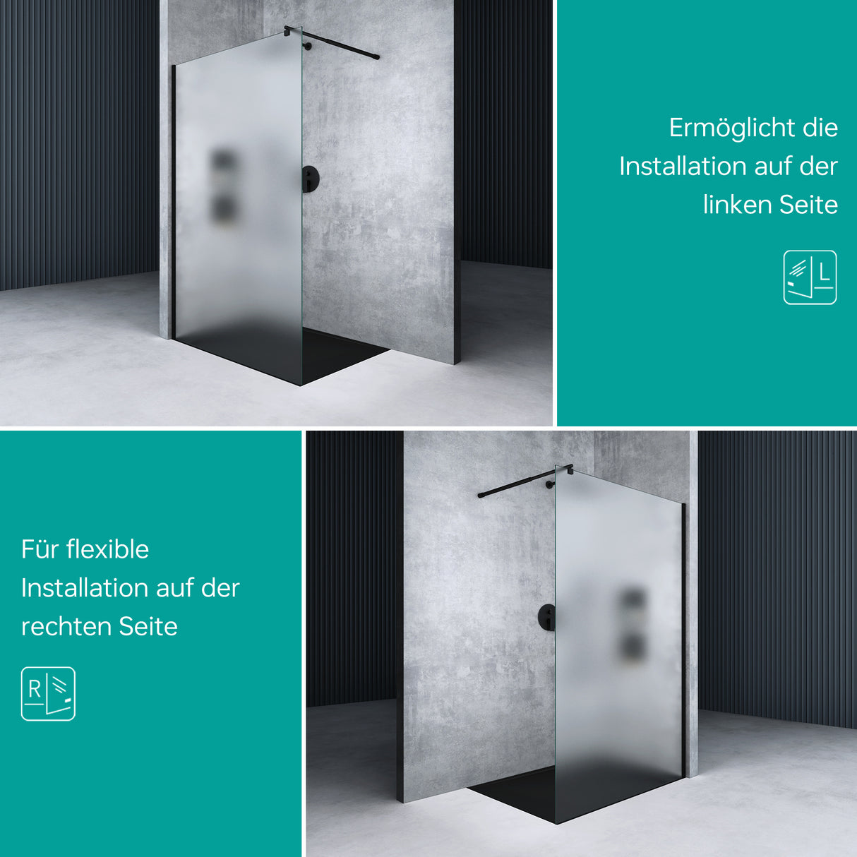 glasvilla Duschwand für Dusche Duschabtrennung Walk-In ESG-Sicherheitsglas 10mm NANO Glas BRAM1&BRAM3 Bremen2 Schwarz