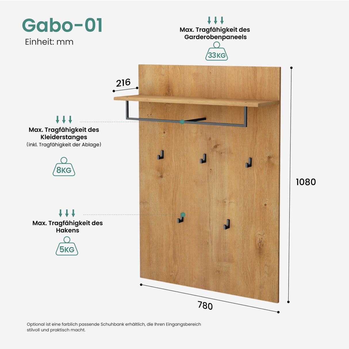 glasvilla Garderobenpaneel Wandgarderobe mit Ablage und 5 Haken Wandpaneel Hakenpaneel Garderobenhaken Garderobenboard 78x108cm Gabo-01
