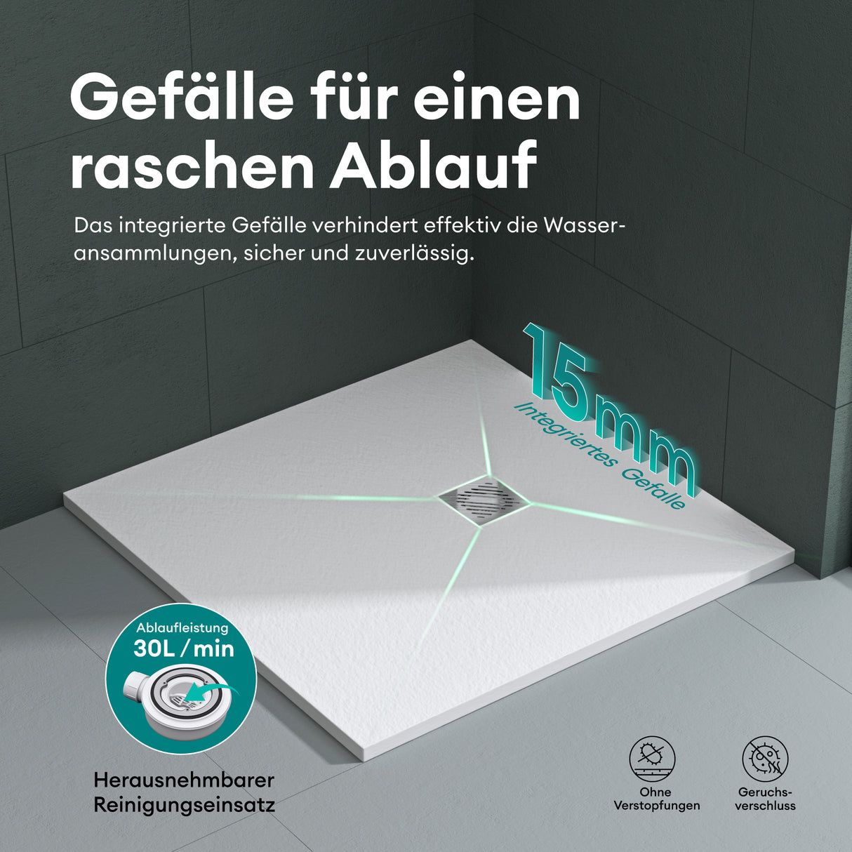 glasvilla Duschwanne Duschtasse de Mineralguss Mineralgusswan DIN-Anschlüsse Geoma09