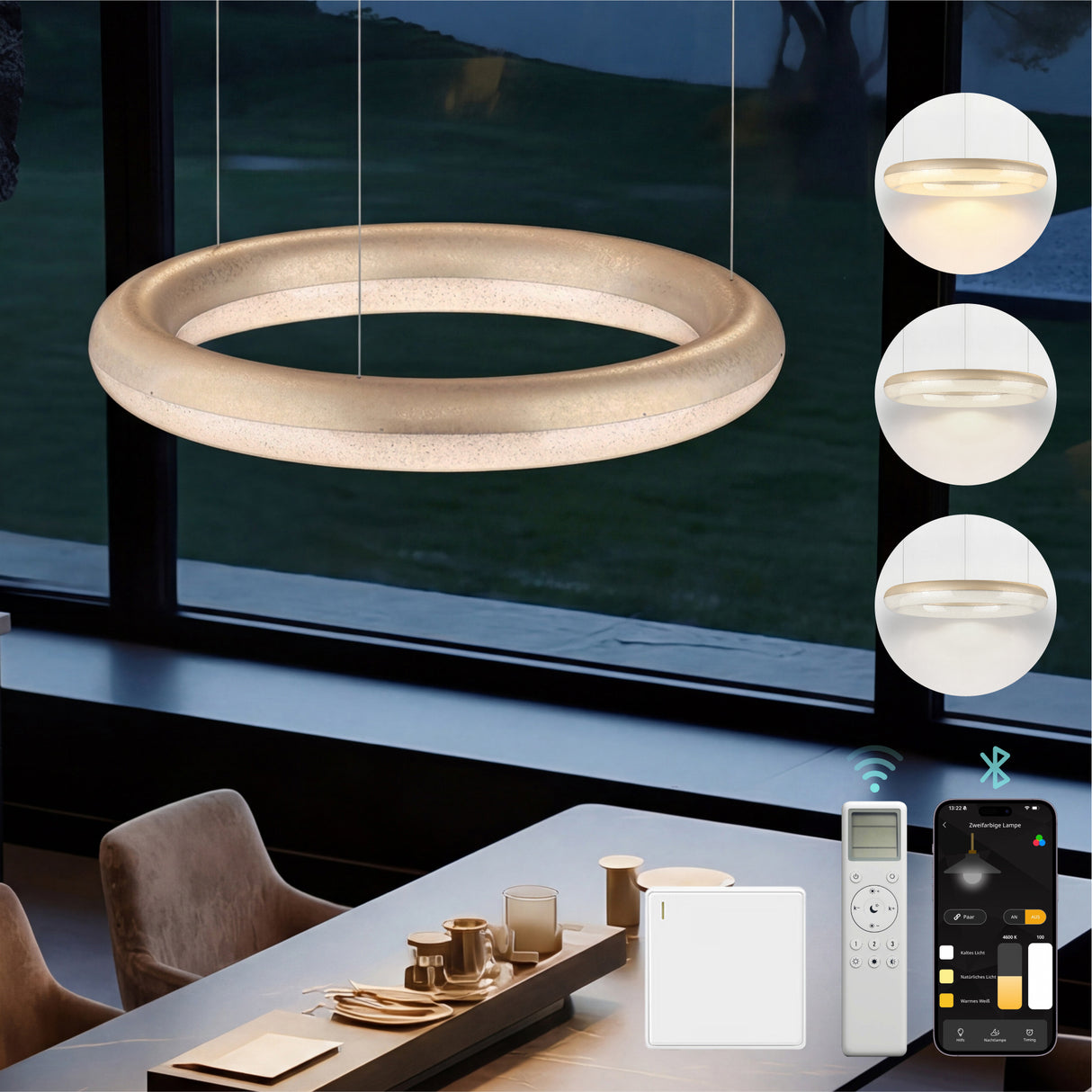 glasvilla Pendelleuchte Esstisch, LED Moderne Hängelampe, stufenlos dimmbar 3000K–6000K, höhenverstellbare Design Esstischlampe mit Fernbedienung & Wandschalter, Luvina03