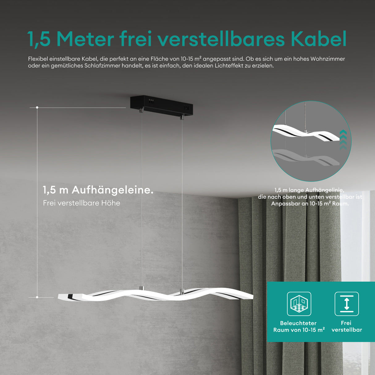 lampara colgante glasvilla 97cm LED regulable con control remoto 3000K/4000K/6000K cable ajustable 36W lámpara colgante para comedor sala de estar dormitorio