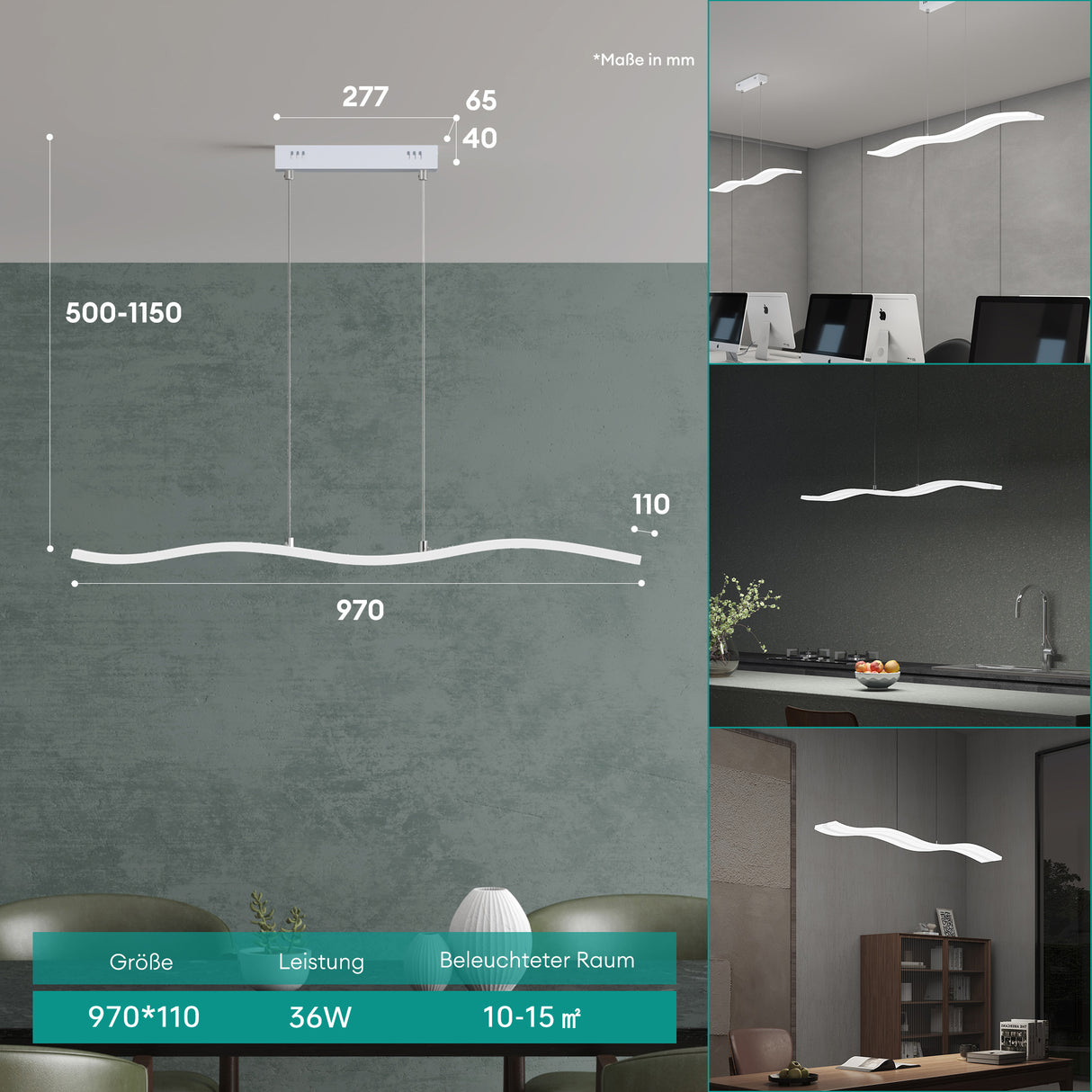 lampara colgante glasvilla 97cm LED regulable con control remoto 3000K/4000K/6000K cable ajustable 36W lámpara colgante para comedor sala de estar dormitorio