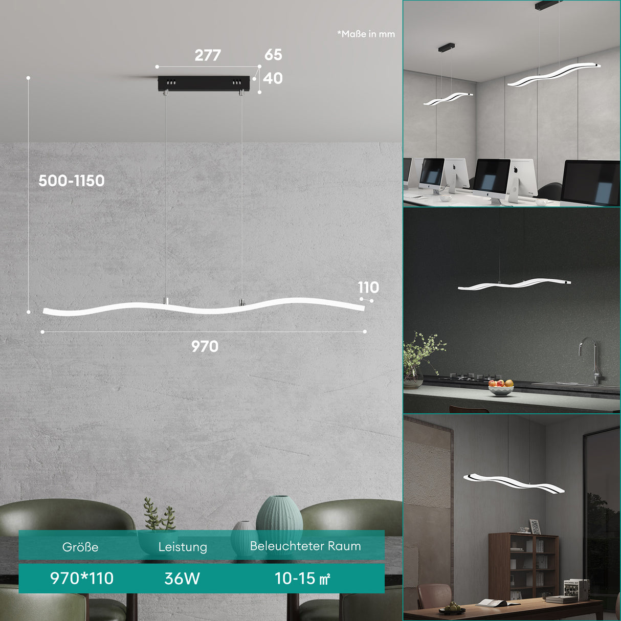 glasvilla Lampadario a Sospensione 36W, 97CM, Lampada da Soffitto a Sospensione Dimmerabile con Telecomando 3000K/4000K/6000K e Cavo Regolabile per Camera da Letto e Soggiorno