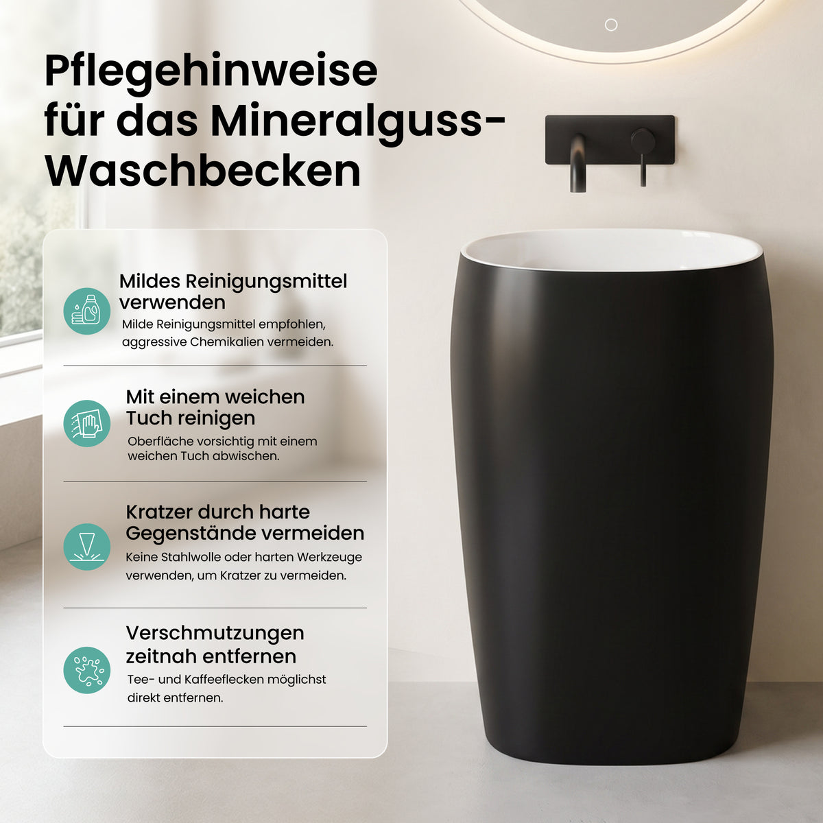 Lavabo sur pied Glasvilla Design Col32 en matériau minéral moulé, lavabo, lavabo sur pied