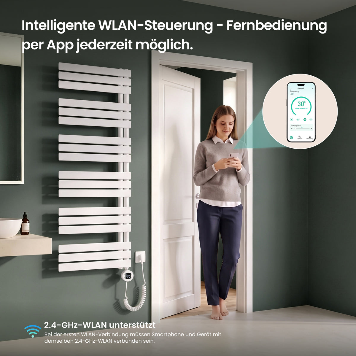 glasvilla Badheizkörper,mit Heizstab Badheizung,Handtuchheizkörper mit Seitenanschluss, Handtuchwärmer mit Heizstab 600W/900W, App-Steuerung, Thermostat und Timerfunktion,FN con Heizstab-03