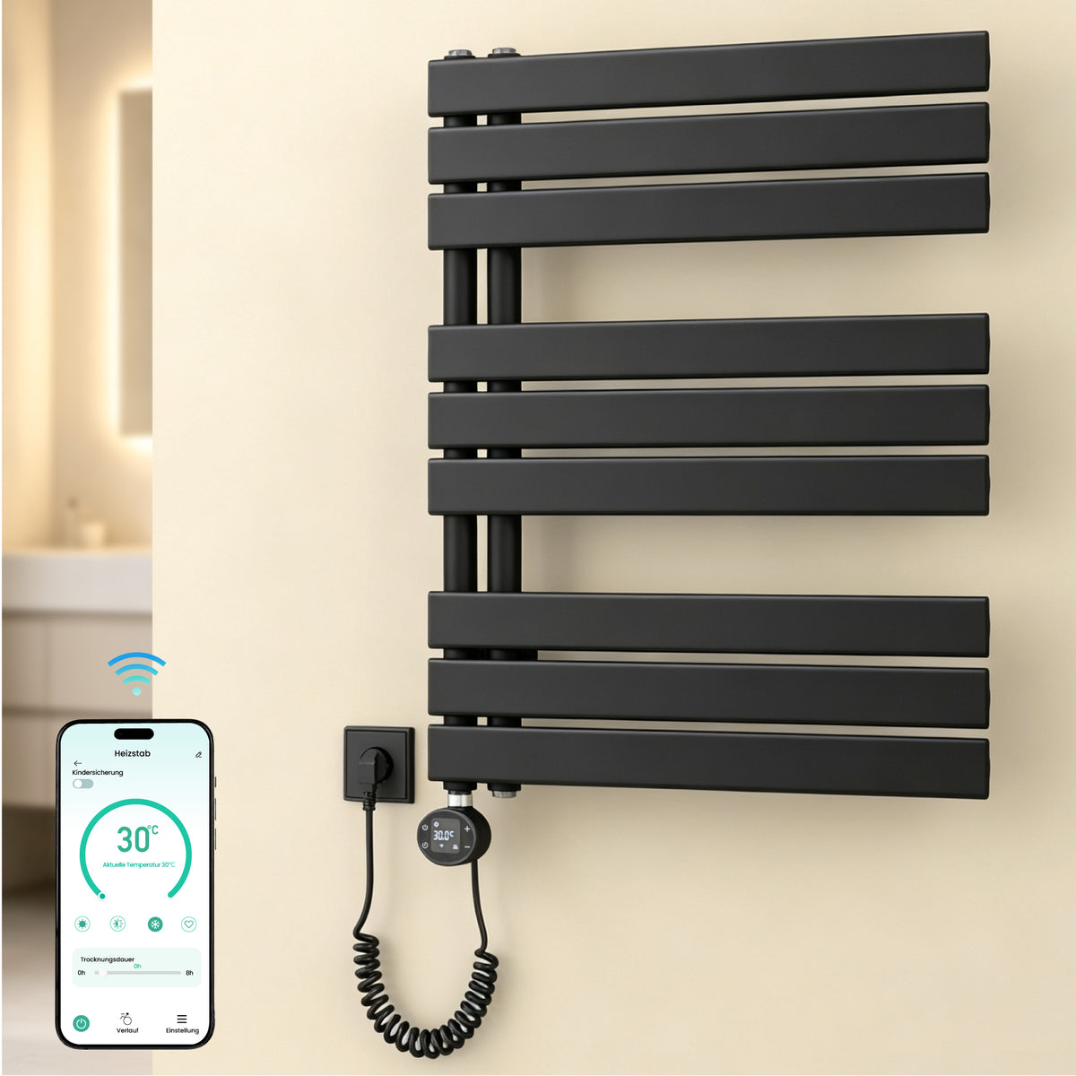 glasvilla Badheizkörper,mit Heizstab Badheizung,Handtuchheizkörper mit Seitenanschluss, Handtuchwärmer mit Heizstab 600W/900W, App-Steuerung, Thermostat und Timerfunktion,FN con Heizstab-03