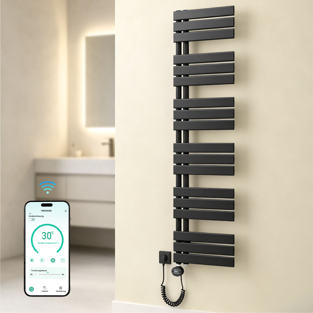 glasvilla Badheizkörper,mit Heizstab Badheizung,Handtuchheizkörper mit Seitenanschluss, Handtuchwärmer mit Heizstab 600W/900W, App-Steuerung, Thermostat und Timerfunktion,FN con Heizstab-03