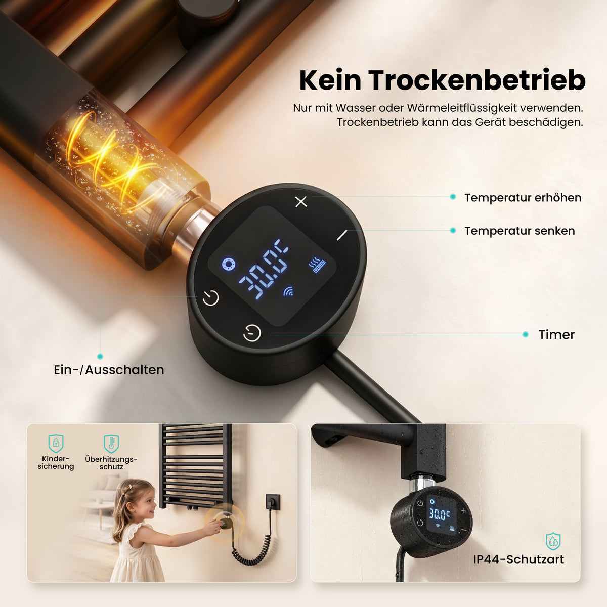 glasvilla Badheizkörper mit Heizstab Badheizung Handtuchheizkörper elektrisch mit App-Steuerung, Thermostat & Timer-Funktion, Röhrenheizkörper Seitenanschluss