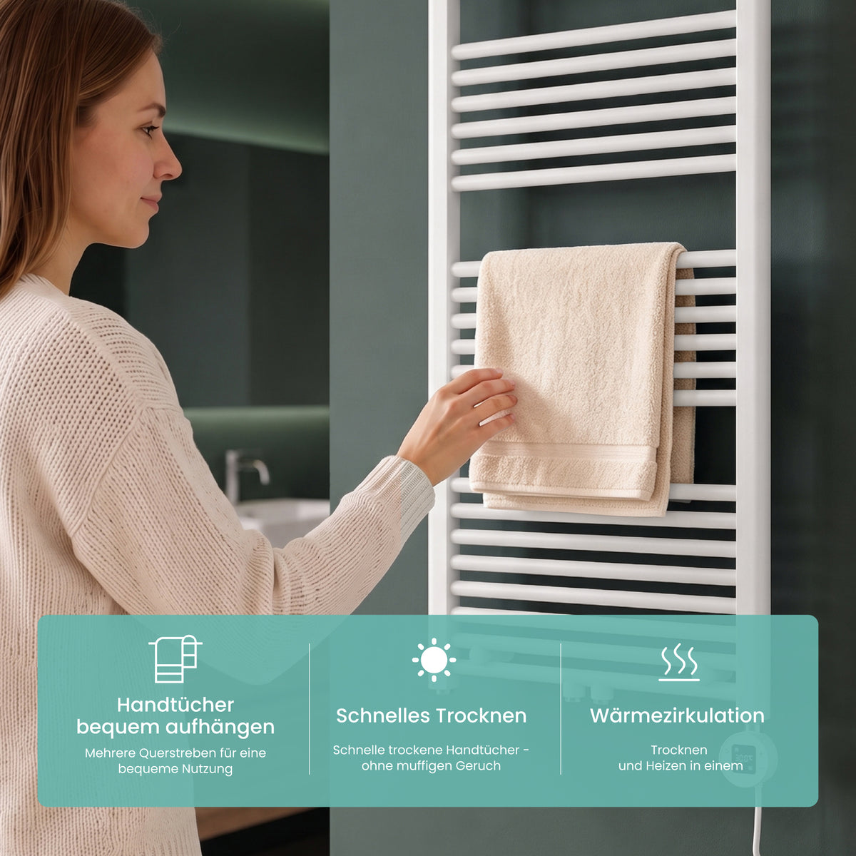 glasvilla Badheizkörper mit Heizstab Badheizung Handtuchheizkörper elektrisch mit App-Steuerung, Thermostat & Timer-Funktion, Röhrenheizkörper Seitenanschluss
