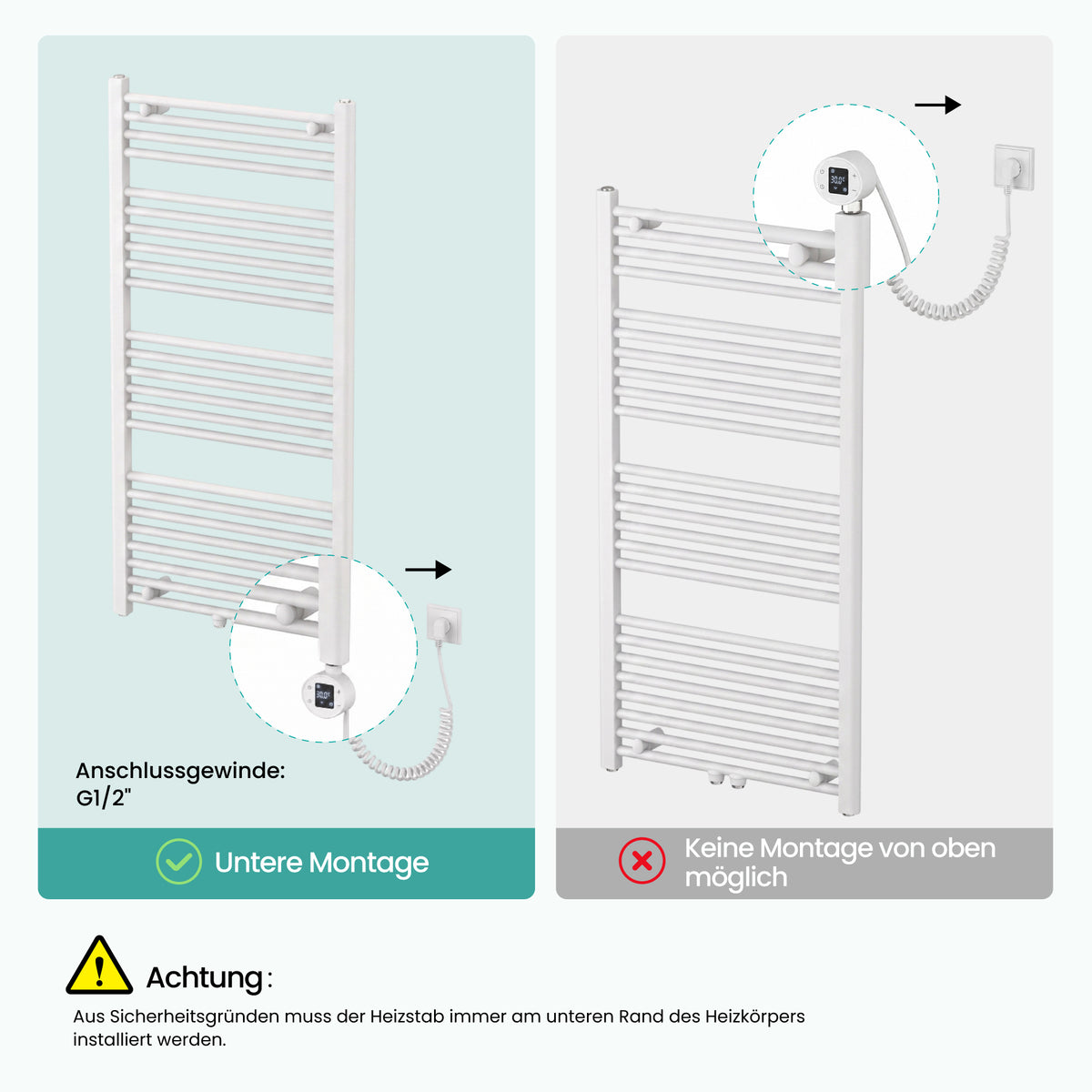 glasvilla Badheizkörper mit Heizstab Badheizung Handtuchheizkörper elektrisch mit App-Steuerung, Thermostat & Timer-Funktion, Röhrenheizkörper Seitenanschluss