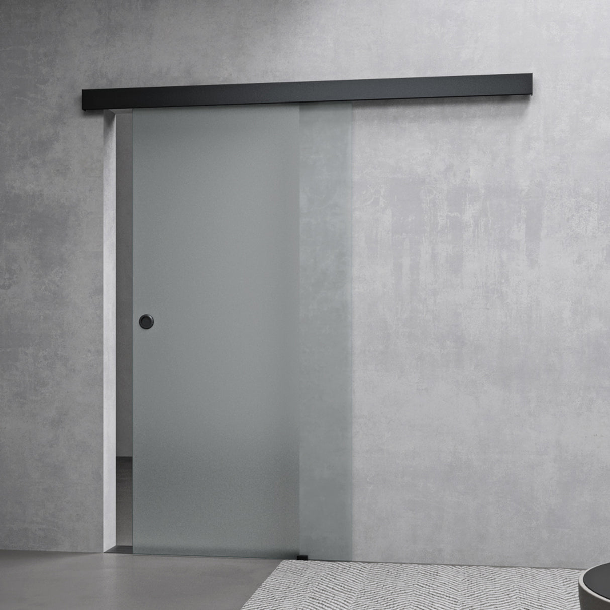 conjunto completo de puerta corredera de vidrio glasvilla, tipo de manija: manija de concha, incluye cierre suave, distancia de pared de 25 mm, vidrio de seguridad ESG de 8 mm Amalfi Negro