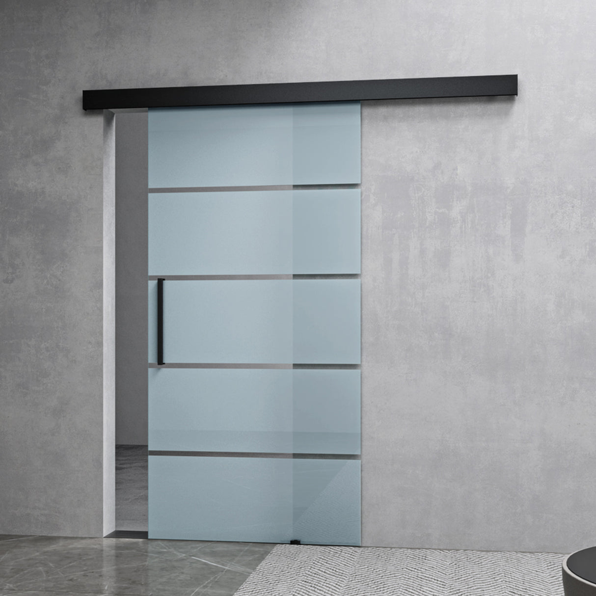 Ensemble complet de porte coulissante en verre Glasvilla, poignée barre, dégagement mural de 25 mm, verre de sécurité trempé 8 mm noir Amalfi