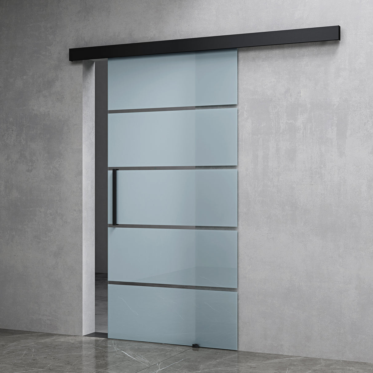 Ensemble complet de porte coulissante en verre Glasvilla, poignée barre, dégagement mural de 25 mm, verre de sécurité trempé 8 mm noir Amalfi