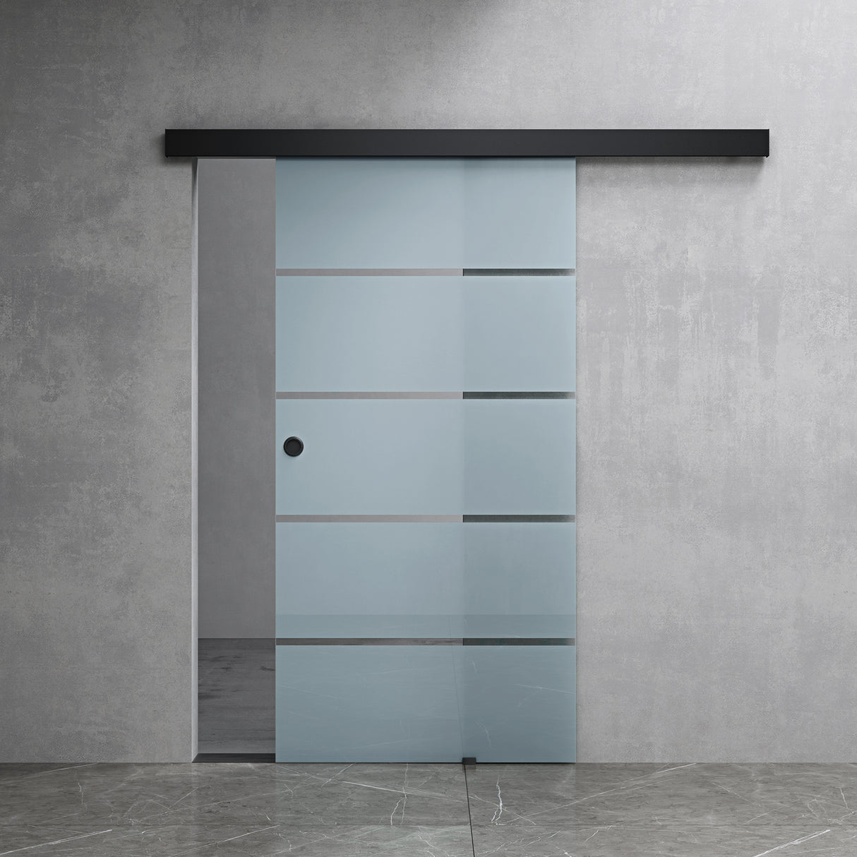 conjunto completo de puerta corredera de vidrio glasvilla, tipo de manija: manija de concha, incluye cierre suave, distancia de pared de 25 mm, vidrio de seguridad ESG de 8 mm Amalfi Negro