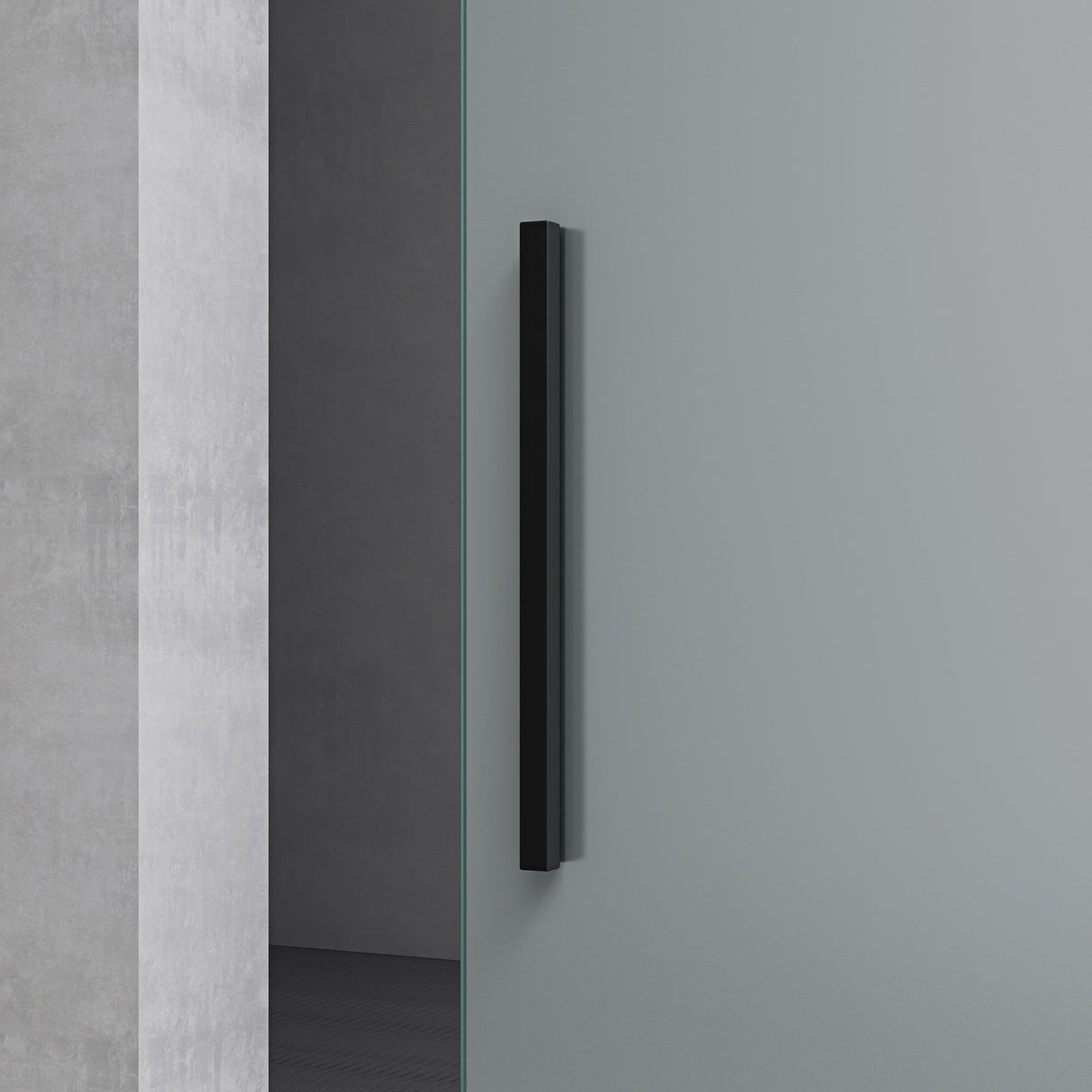 Ensemble complet de porte coulissante en verre Glasvilla, poignée barre, dégagement mural de 25 mm, verre de sécurité trempé 8 mm noir Amalfi