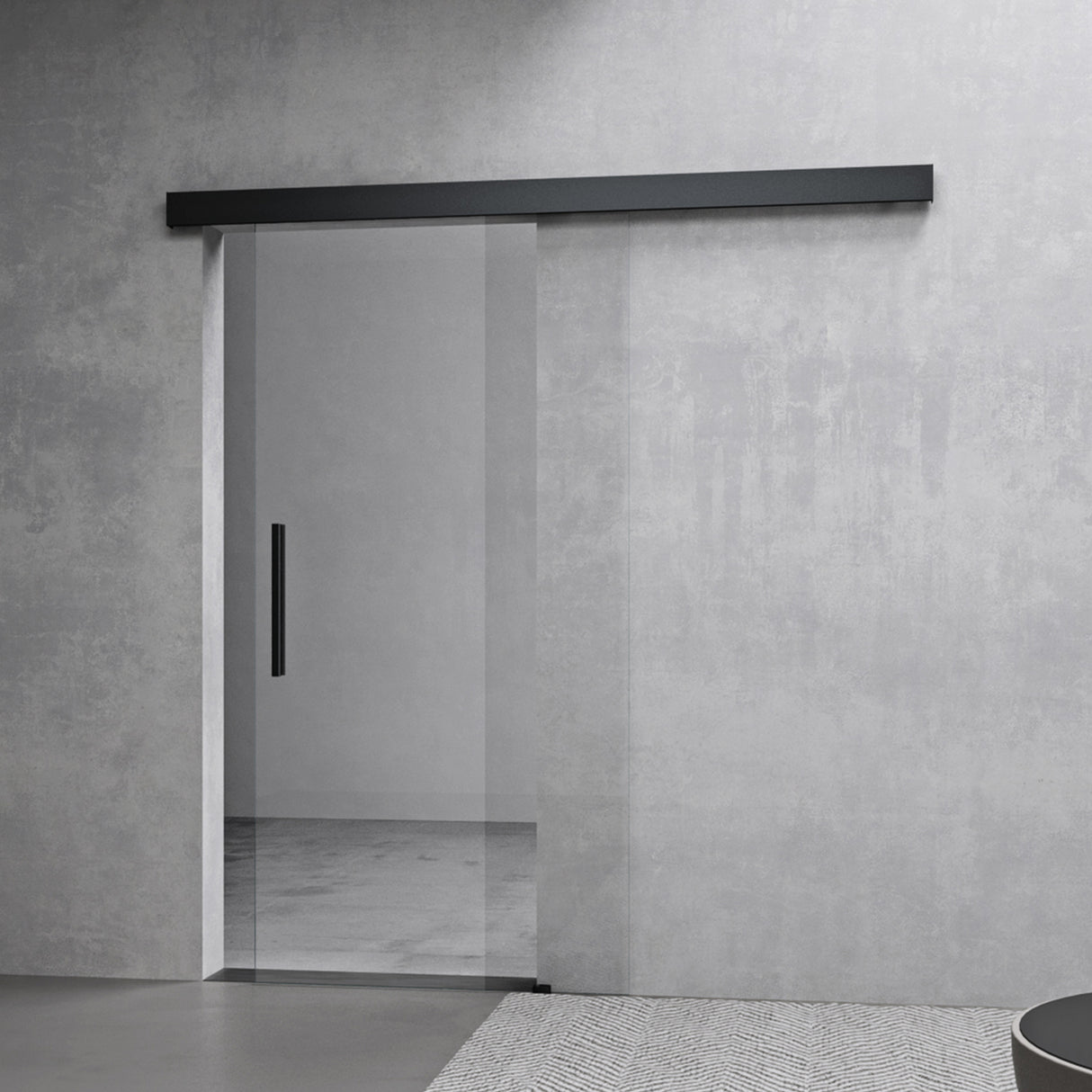Ensemble complet de porte coulissante en verre Glasvilla, poignée barre, dégagement mural de 25 mm, verre de sécurité trempé 8 mm noir Amalfi