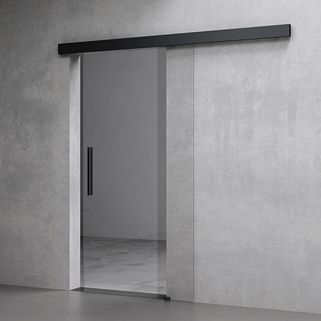 Ensemble complet de porte coulissante en verre Glasvilla, poignée barre, dégagement mural de 25 mm, verre de sécurité trempé 8 mm noir Amalfi