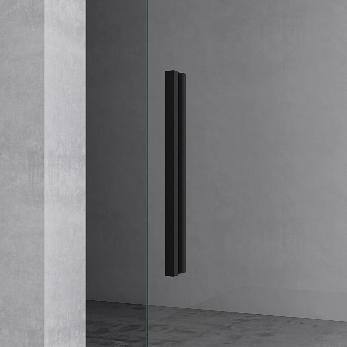 Ensemble complet de porte coulissante en verre Glasvilla, poignée barre, dégagement mural de 25 mm, verre de sécurité trempé 8 mm noir Amalfi