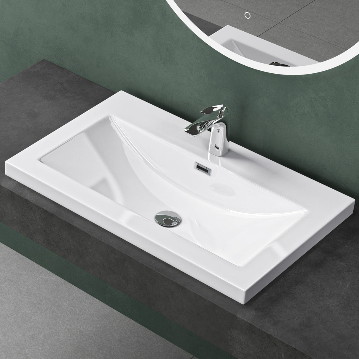 Lavabo Glasvilla Col01 Mineral Cast Rectangular con Desbordamiento y Orificio para Grifo