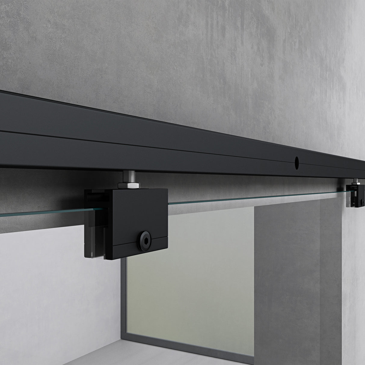 Ensemble complet de porte coulissante en verre Glasvilla, poignée barre, dégagement mural de 25 mm, verre de sécurité trempé 8 mm noir Amalfi