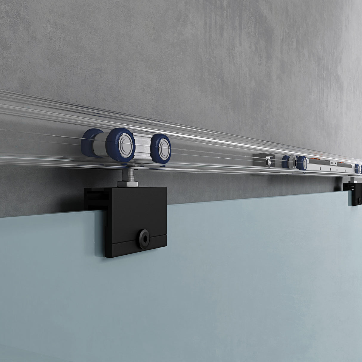 Ensemble complet de porte coulissante en verre Glasvilla, poignée barre, dégagement mural de 25 mm, fermeture amortie incluse, verre de sécurité trempé 8 mm Amalfi Black