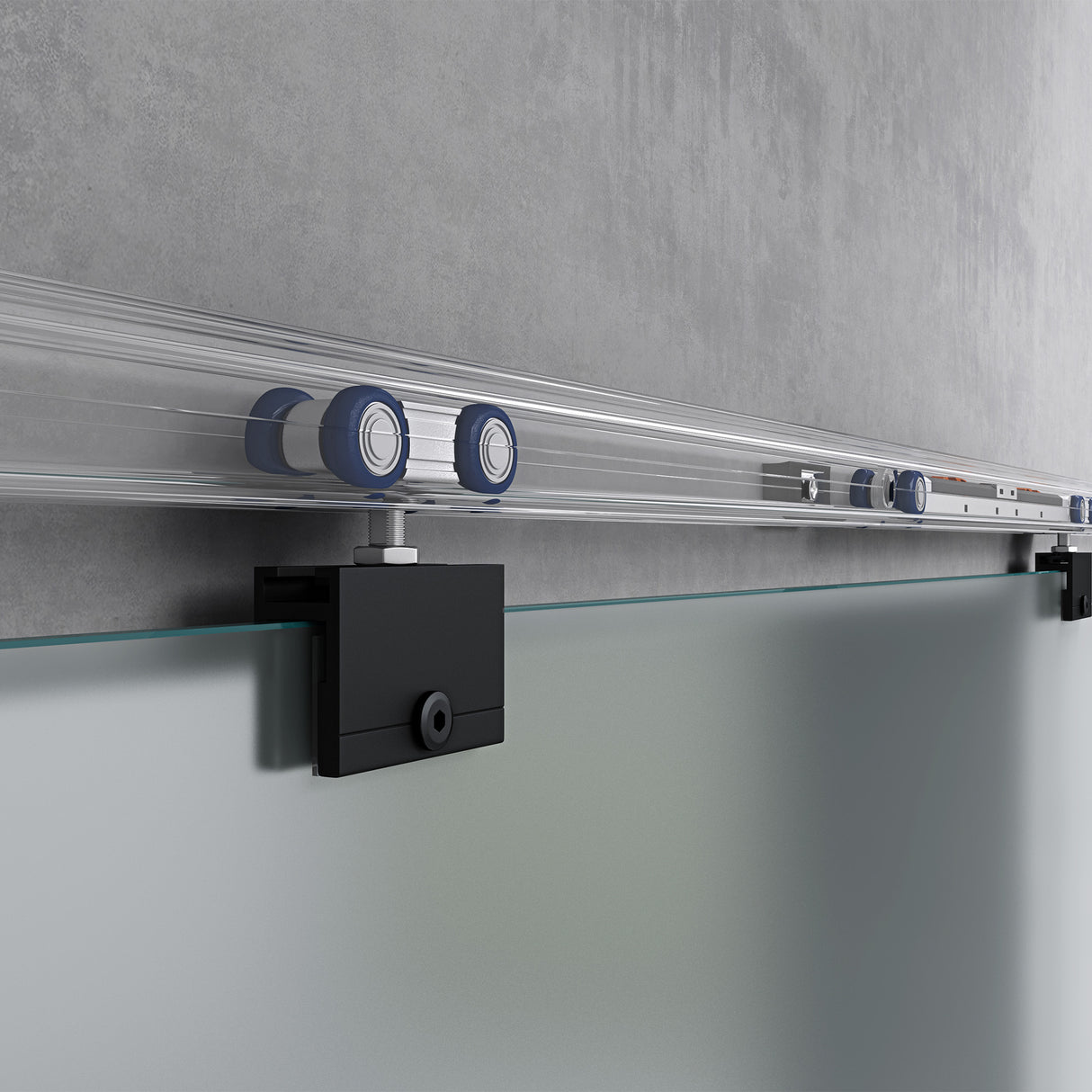 Ensemble complet de porte coulissante en verre Glasvilla, poignée barre, dégagement mural de 25 mm, fermeture amortie incluse, verre de sécurité trempé 8 mm Amalfi Black