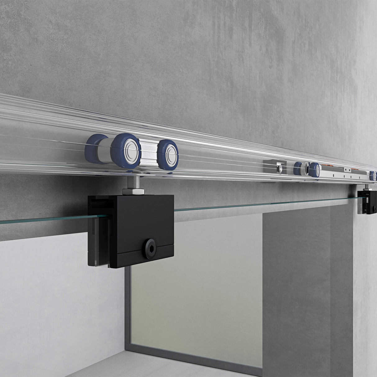 conjunto completo de puerta corredera de vidrio glasvilla, tipo de manija: manija de concha, incluye cierre suave, distancia de pared de 25 mm, vidrio de seguridad ESG de 8 mm Amalfi Negro