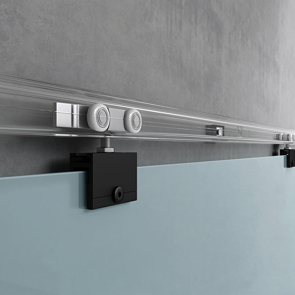 Ensemble complet de porte coulissante en verre Glasvilla, poignée coquille, dégagement mural de 25 mm, verre de sécurité trempé 8 mm noir Amalfi