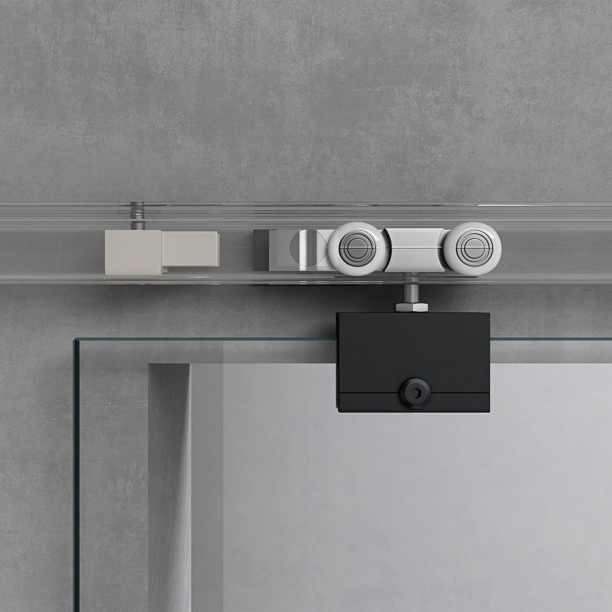 Ensemble complet de porte coulissante en verre Glasvilla, poignée barre, dégagement mural de 25 mm, verre de sécurité trempé 8 mm noir Amalfi