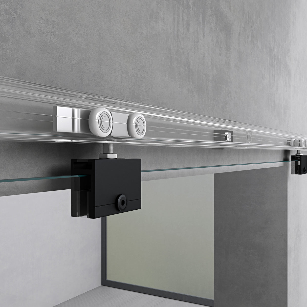 Ensemble complet de porte coulissante en verre Glasvilla, poignée barre, dégagement mural de 25 mm, verre de sécurité trempé 8 mm noir Amalfi