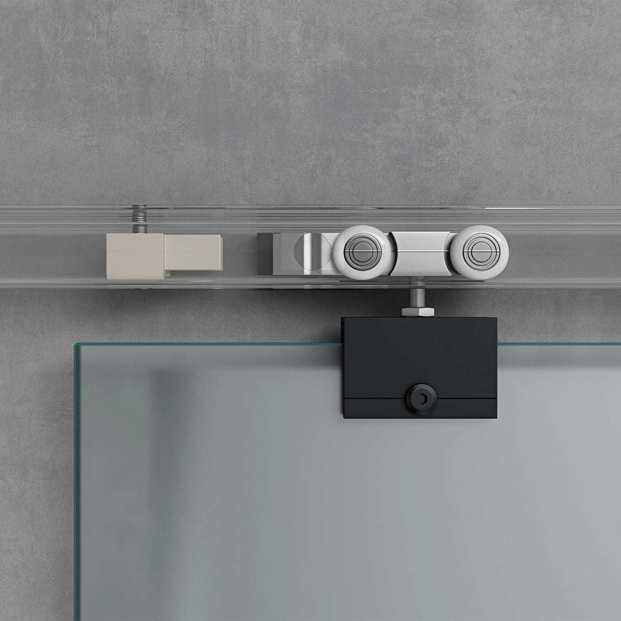 Ensemble complet de porte coulissante en verre Glasvilla, poignée barre, dégagement mural de 25 mm, verre de sécurité trempé 8 mm noir Amalfi