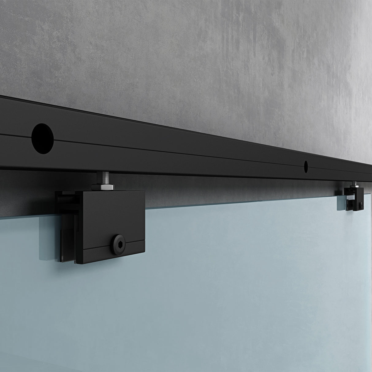 conjunto completo de puerta corredera de vidrio glasvilla, tipo de manija: manija de concha, incluye cierre suave, distancia de pared de 25 mm, vidrio de seguridad ESG de 8 mm Amalfi Negro