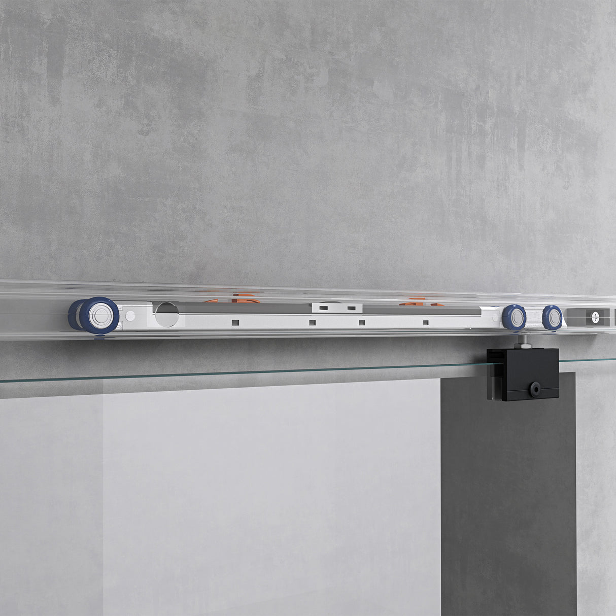 conjunto completo de puerta corredera de vidrio glasvilla, tipo de manija: manija de concha, incluye cierre suave, distancia de pared de 25 mm, vidrio de seguridad ESG de 8 mm Amalfi Negro