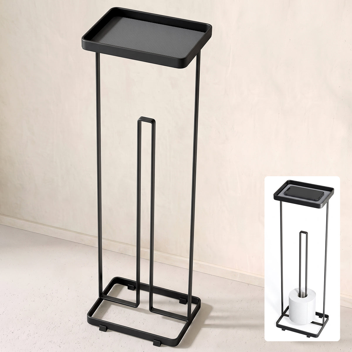 Porte-papier toilette sur pied Glasvilla avec étagère, support pour rouleau de papier toilette, 16 x 12 x 52 cm, Reglo-04