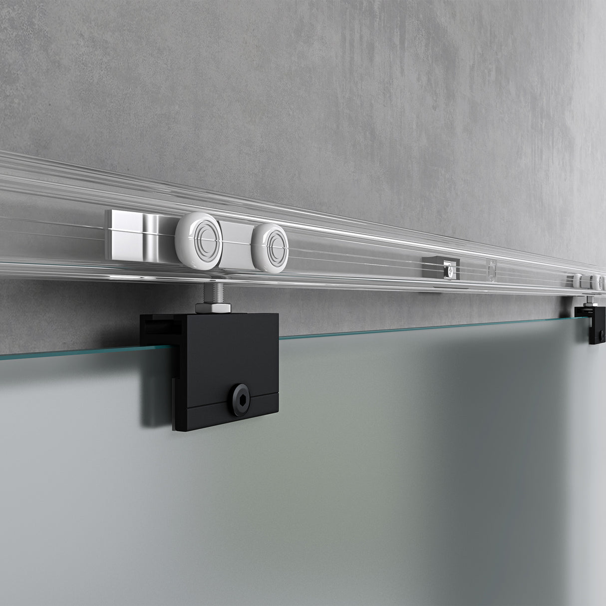 Ensemble complet de porte coulissante en verre Glasvilla, poignée coquille, dégagement mural de 25 mm, verre de sécurité trempé 8 mm noir Amalfi