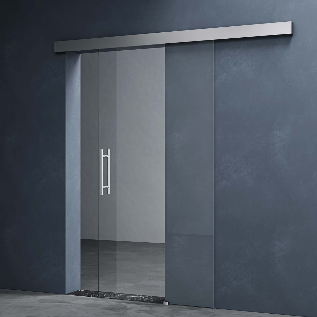 Ensemble complet de porte coulissante en verre Glasvilla Amalfi H : 2050 mm, type de poignée : barre, avec mécanisme de fermeture amortie, verre de sécurité trempé de 8 mm