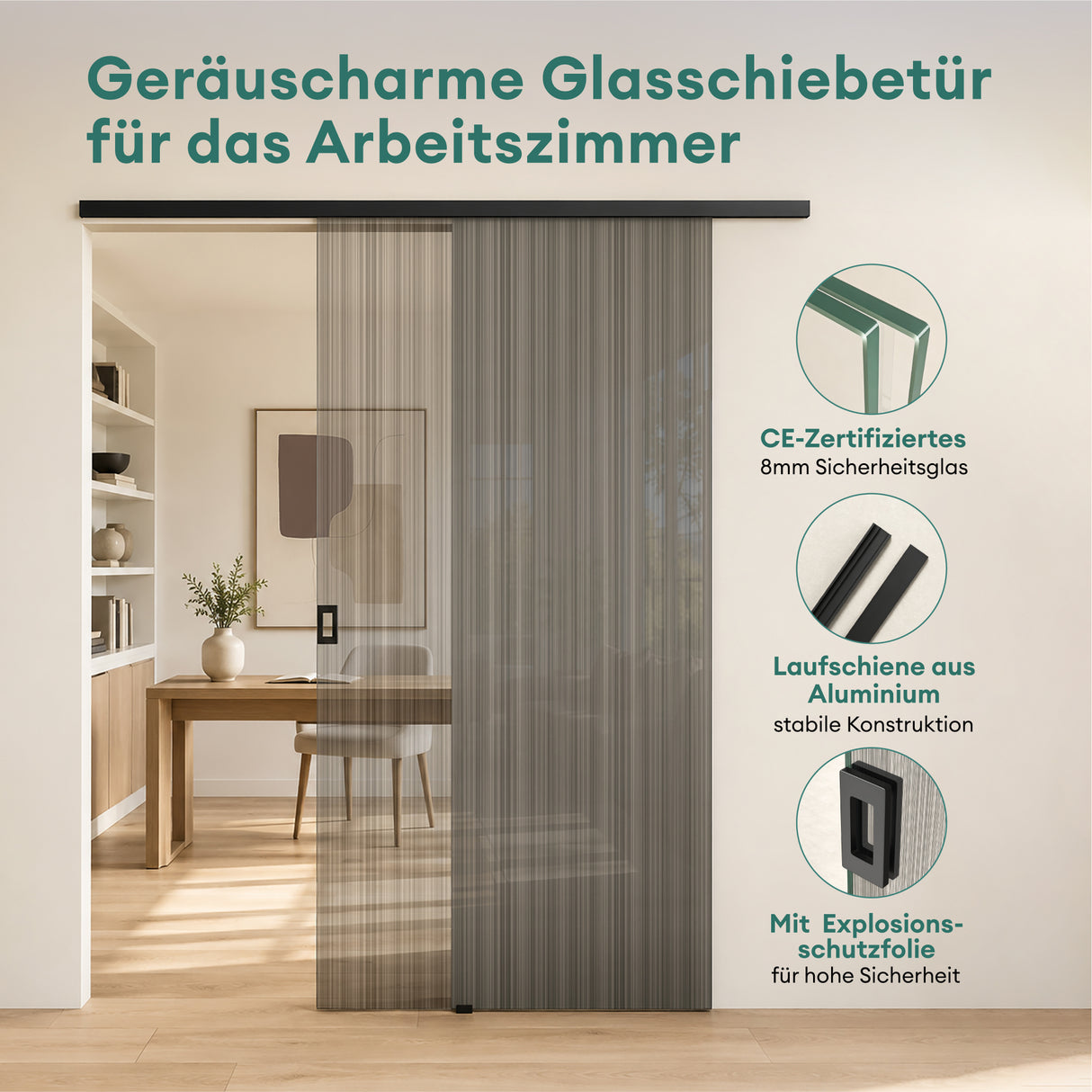 glasvilla Porta Scorrevole in Vetro Temperato 8mm, Binario e Maniglia in Lega di Alluminio per Bagno Cucina Studio Ufficio, Muranino-001