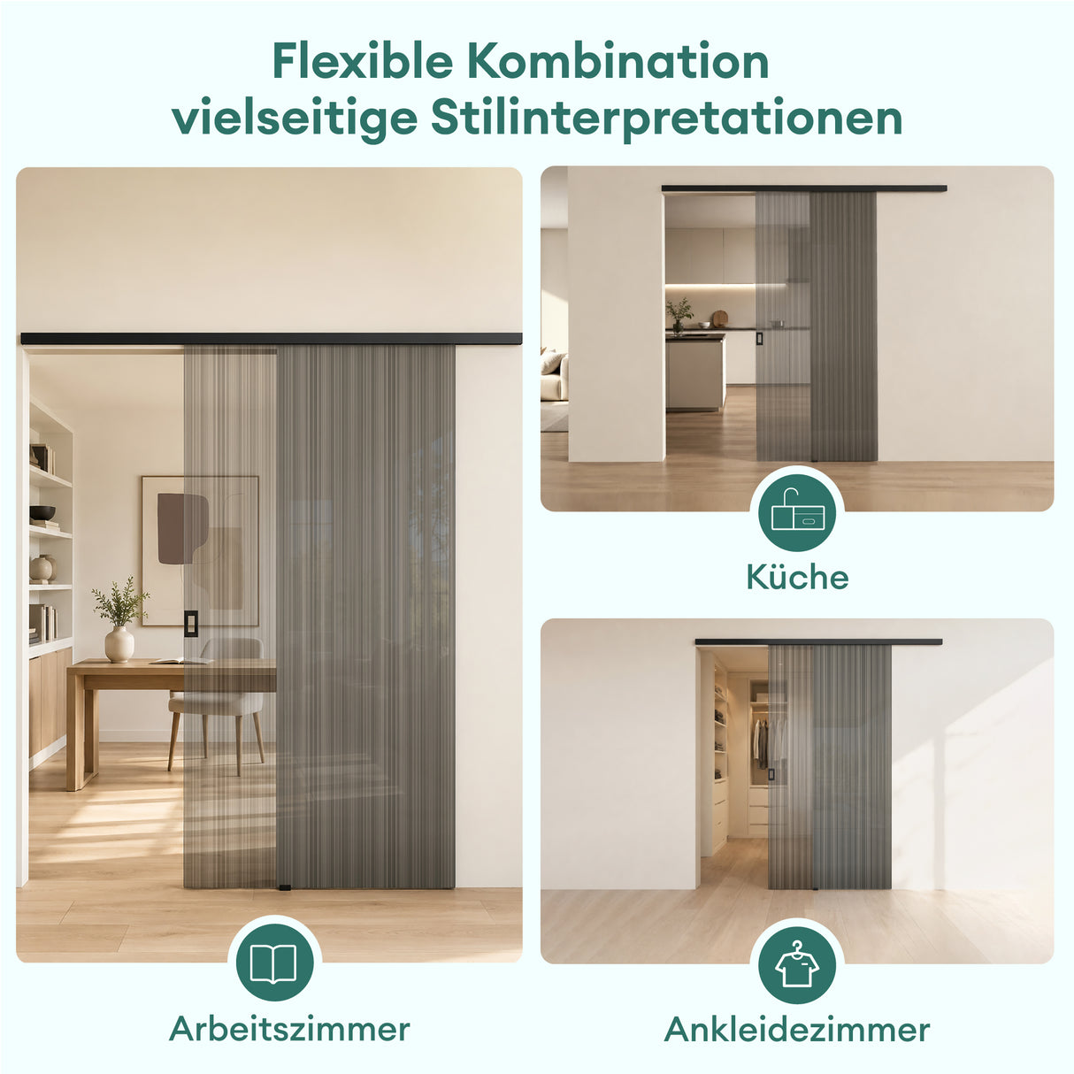 glasvilla Porta Scorrevole in Vetro Temperato 8mm, Binario e Maniglia in Lega di Alluminio per Bagno Cucina Studio Ufficio, Muranino-001