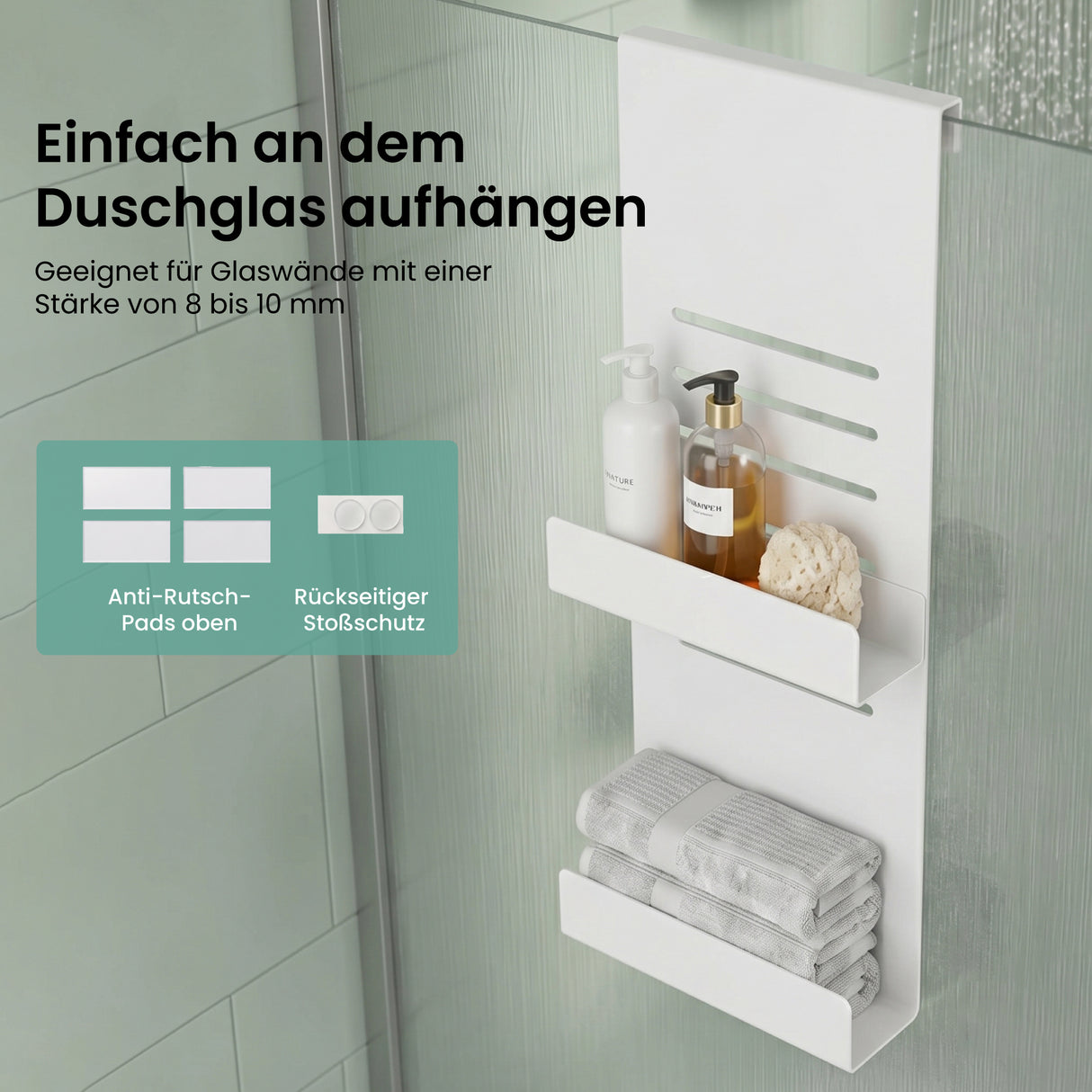 glasvilla Duschablage zum Hängen, Duschregal Ohne Bohren für Glasduschtüren, Hängeregal mit 2 Etagen und 3 Haken, Badezimmer Organizer Oryne-01