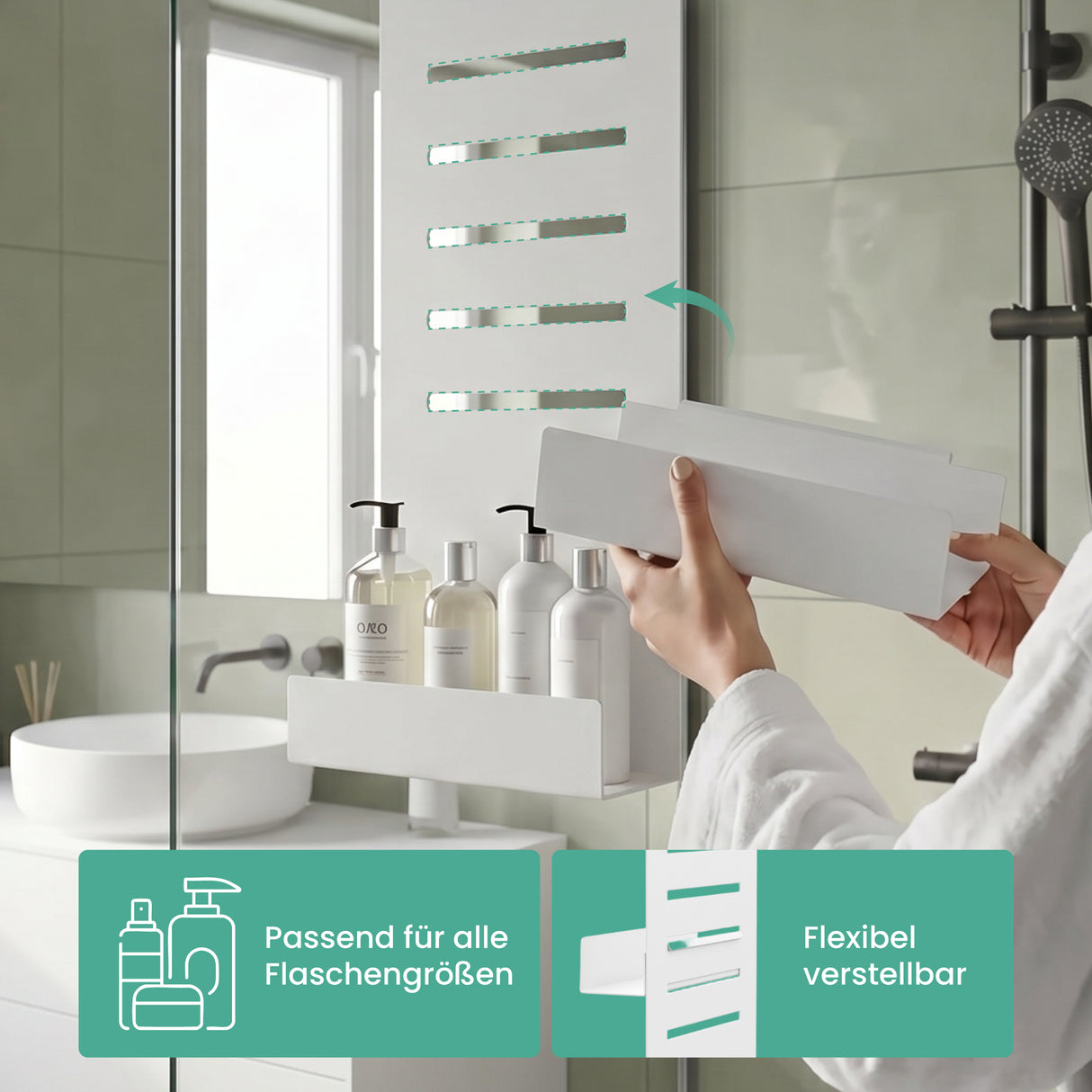 glasvilla Duschablage zum Hängen, Duschregal Ohne Bohren für Glasduschtüren, Hängeregal mit 2 Etagen und 3 Haken, Badezimmer Organizer Oryne-01