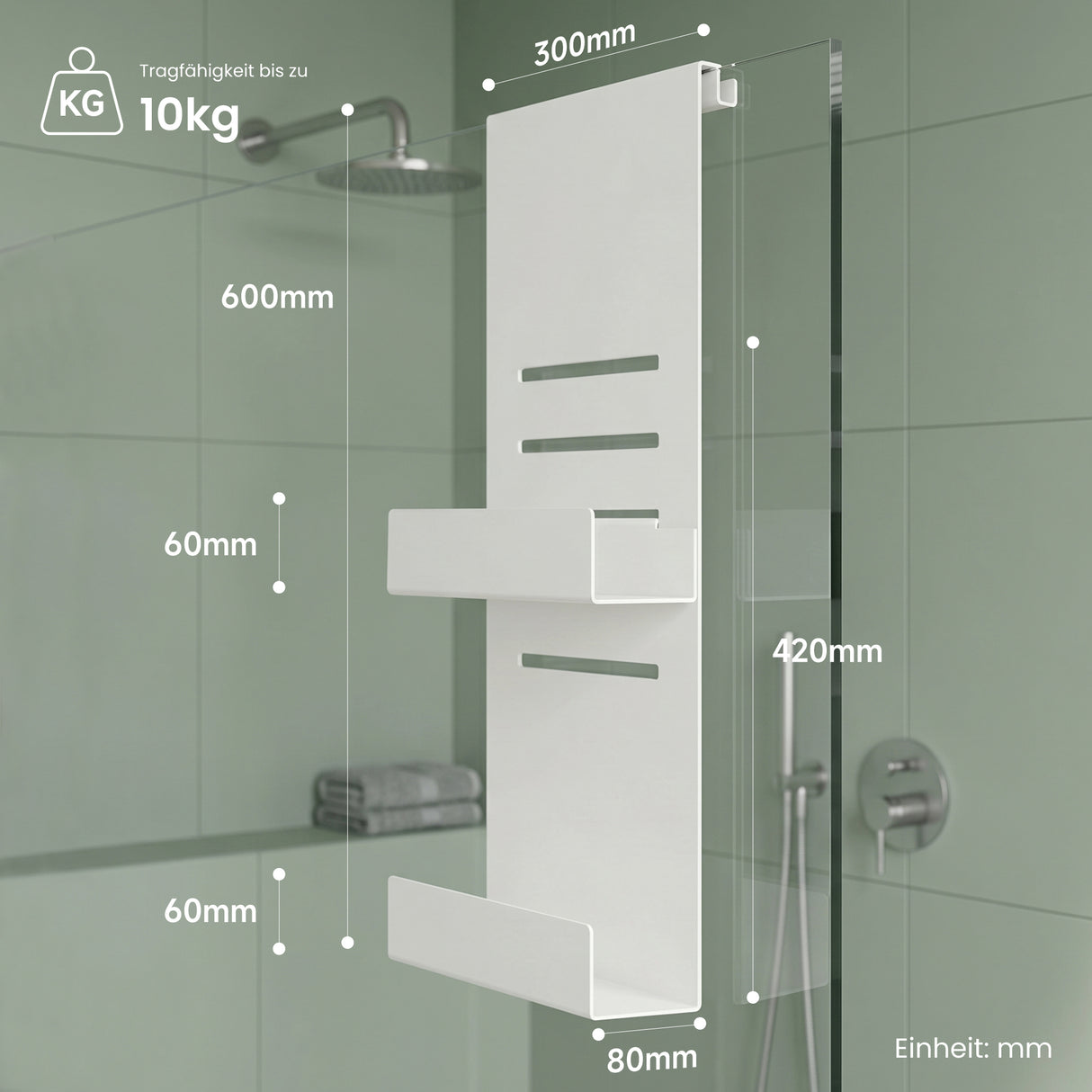 glasvilla Duschablage zum Hängen, Duschregal Ohne Bohren für Glasduschtüren, Hängeregal mit 2 Etagen und 3 Haken, Badezimmer Organizer Oryne-01