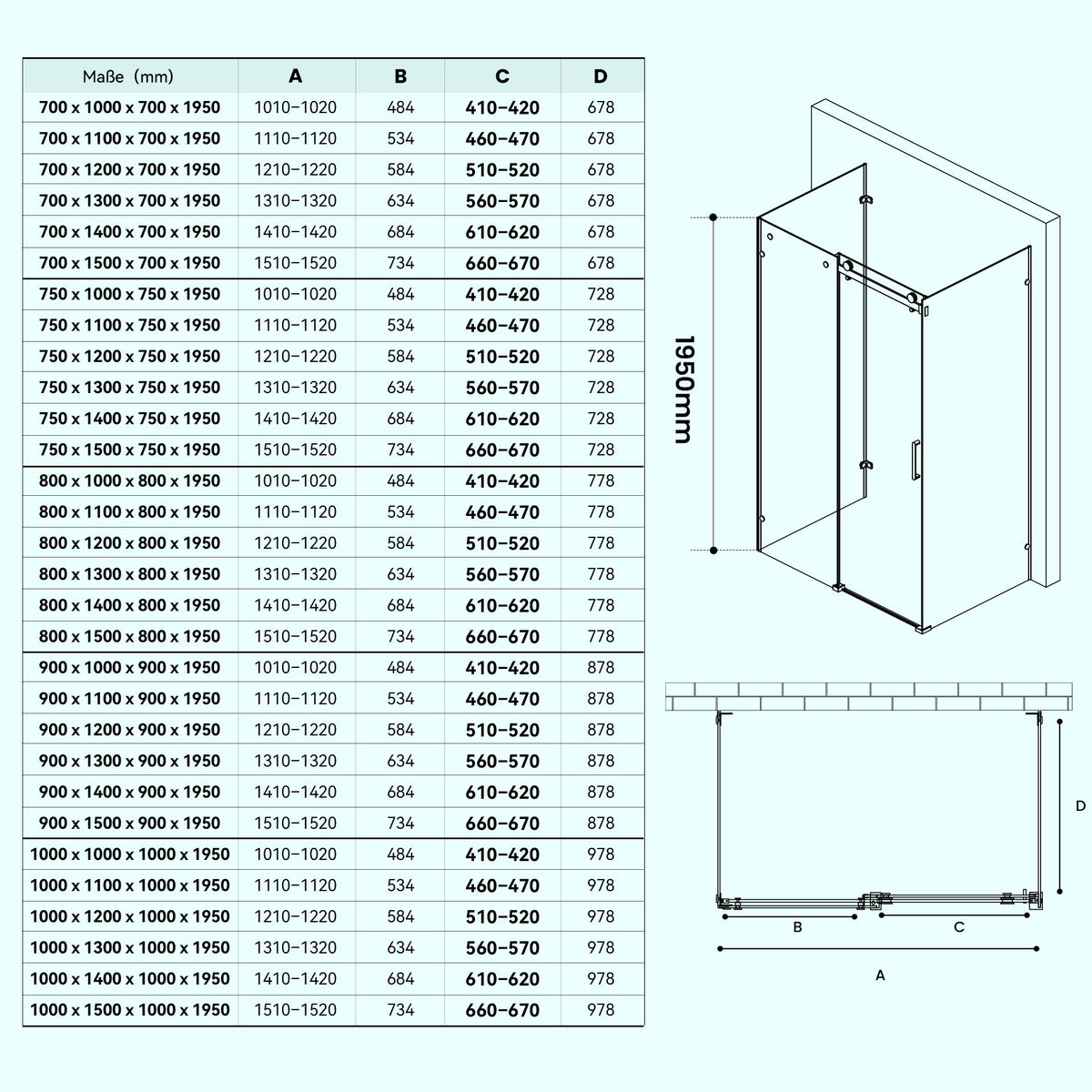 glasvilla U-Form Cabina de Ducha Sin Marco 195cm Puerta Corredera Separación de Ducha 8mm ESG Nano Cristal Claro Soporte de 4 Puntos Mampara de Ducha Rav17-2UK