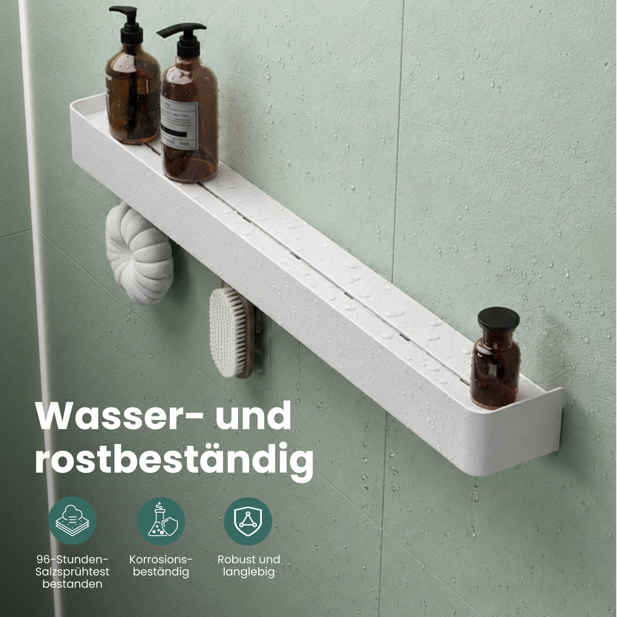 glasvilla Duschablage zum Bohren oder Kleben, Duschregal mit Haken, Badablage zur Wandmontage, Badezimmer Organizer Reglo-05