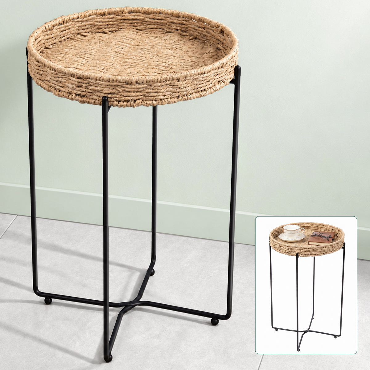 glasvilla Table basse ronde, petite table d'appoint avec plateau amovible en corde de papier, table de canapé pour salon, chambre à coucher et balcon, Reglo-08