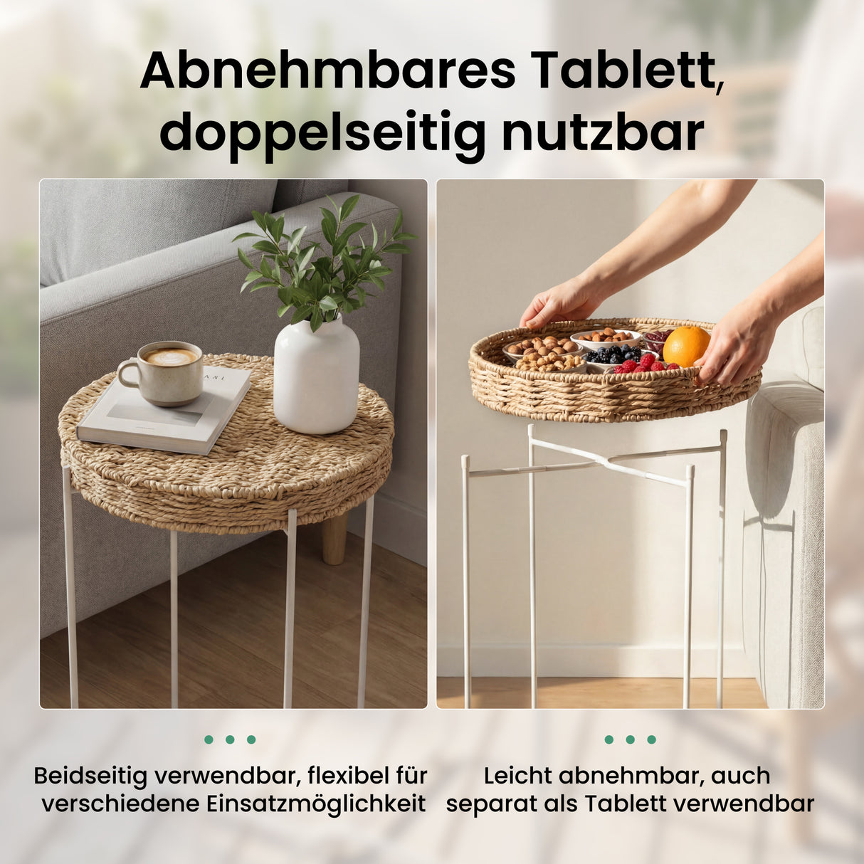 glasvilla Beistelltisch rund , Couchtisch klein mit abnehmbarem Tablett aus Papierkordel, Sofatisch für Wohnzimmer, Schlafzimmer und Balkon, Reglo-08