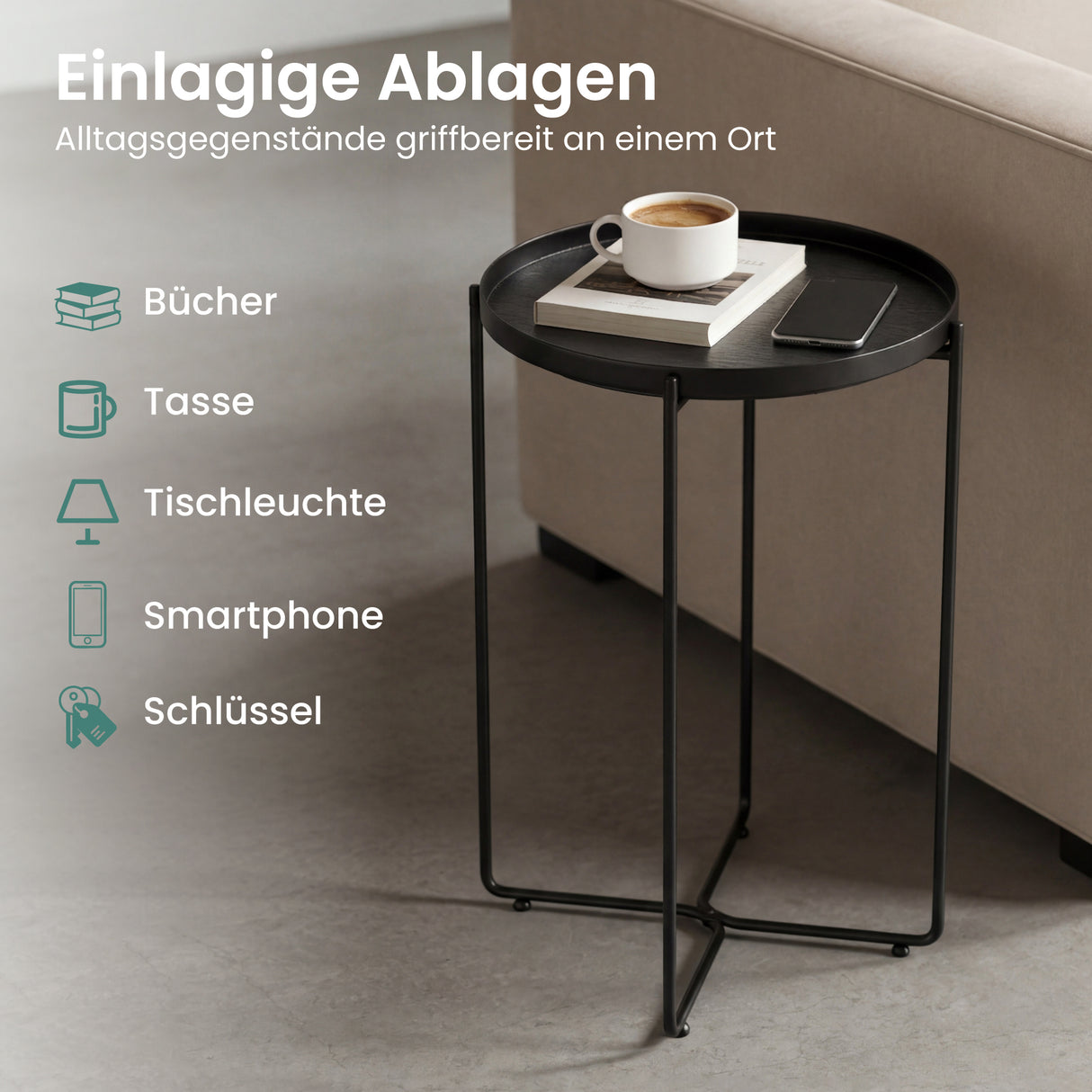 glasvilla Beistelltisch , Couchtisch klein mit abnehmbarem Tablett aus PP-Kunststoff, Sofatisch für Wohnzimmer, Schlafzimmer und Balkon, Reglo-08